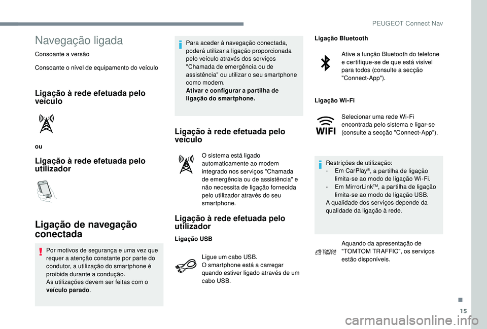 PEUGEOT 5008 2017  Manual de utilização (in Portuguese) 15
Navegação ligada
Consoante a versão
Consoante o nível de equipamento do veículo
Ligação à rede efetuada pelo 
veículo
ou
Ligação à rede efetuada pelo 
utilizador
Ligação de navegaçã
