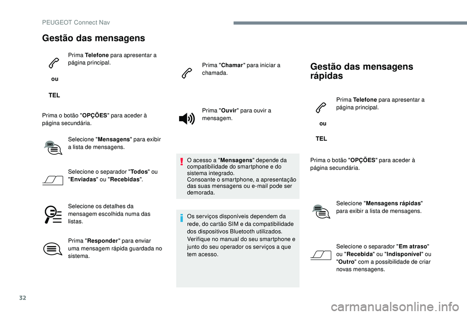 PEUGEOT 5008 2017  Manual de utilização (in Portuguese) 32
Gestão das mensagens
 ou Prima Telefone
 para apresentar a 
página principal.
Prima o botão " OPÇÕES" para aceder à 
página secundária.
Selecione " Mensagens " para exibir 
