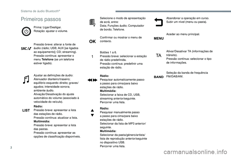 PEUGEOT 5008 2017  Manual de utilização (in Portuguese) 2
Primeiros passos
Prima: Ligar/Desligar.
Rotação: ajustar o volume.
Pressão breve: alterar a fonte de 
áudio (rádio; USB; AUX [se ligados 
ao equipamento]; CD; streaming).
Pressão contínua: ap