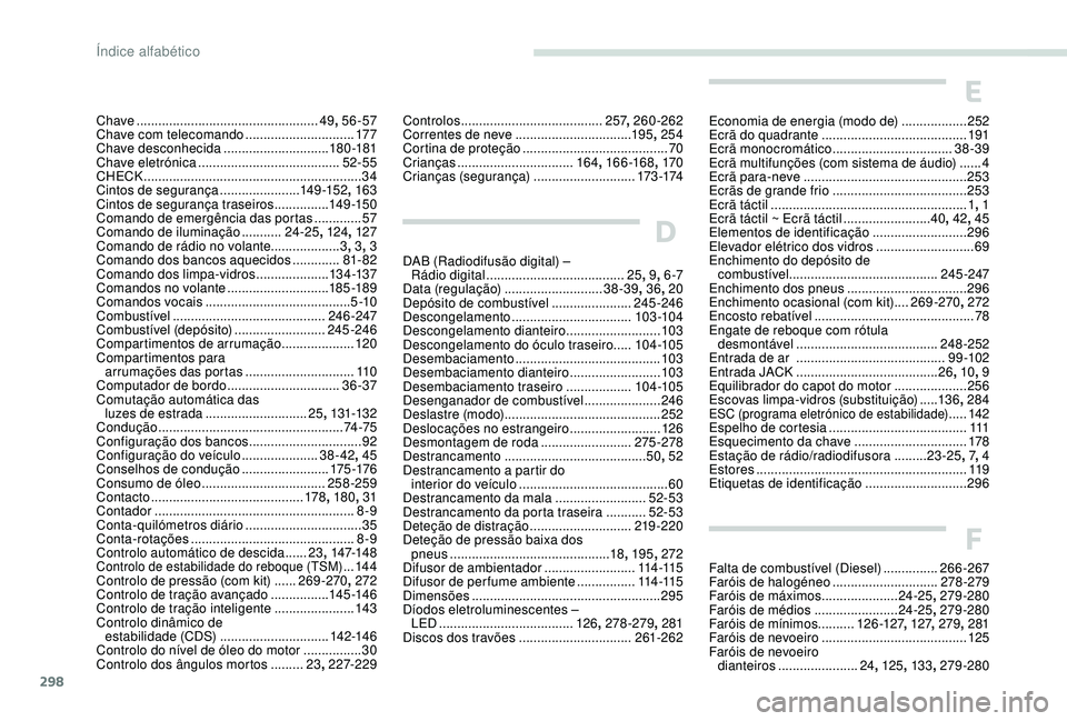 PEUGEOT 5008 2017 Manual de utilização (in Portuguese) 298
Chave .................................................. 49, 56-57
Chave com telecomando .............................. 17
7
Chave desconhecida
............................. 18
0 -181
Chave elet PEUGEOT 5008 2017 Manual de utilização (in Portuguese) 298
Chave .................................................. 49, 56-57
Chave com telecomando .............................. 17
7
Chave desconhecida
............................. 18
0 -181
Chave elet