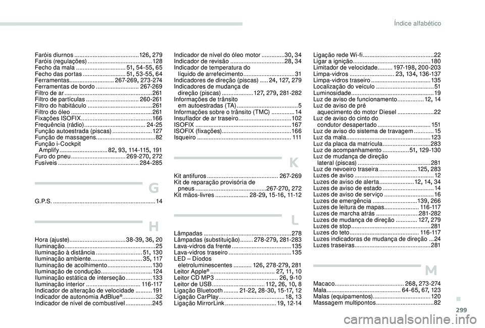 PEUGEOT 5008 2017 Manual de utilização (in Portuguese) 299
Ligação rede Wi-fi ...........................................22
L igar a ignição ............................................... 18 0
Limitador de velocidade
.........197-198 , 200-203
L PEUGEOT 5008 2017 Manual de utilização (in Portuguese) 299
Ligação rede Wi-fi ...........................................22
L igar a ignição ............................................... 18 0
Limitador de velocidade
.........197-198 , 200-203
L