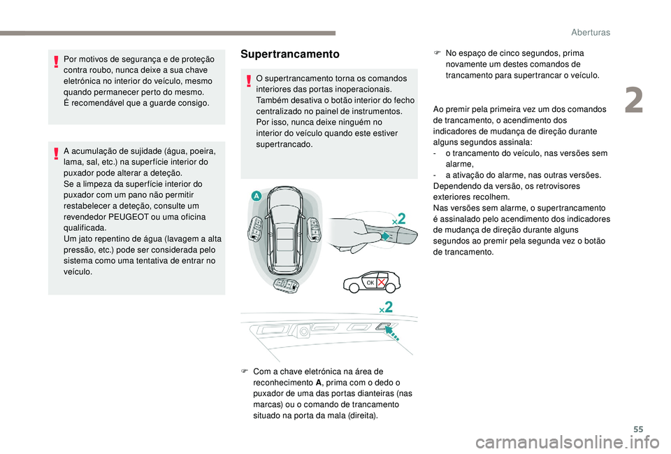 PEUGEOT 5008 2017  Manual de utilização (in Portuguese) 55
Supertrancamento
Ao premir pela primeira vez um dos comandos 
de trancamento, o acendimento dos 
indicadores de mudança de direção durante 
alguns segundos assinala:
- 
o t
 rancamento do veícu