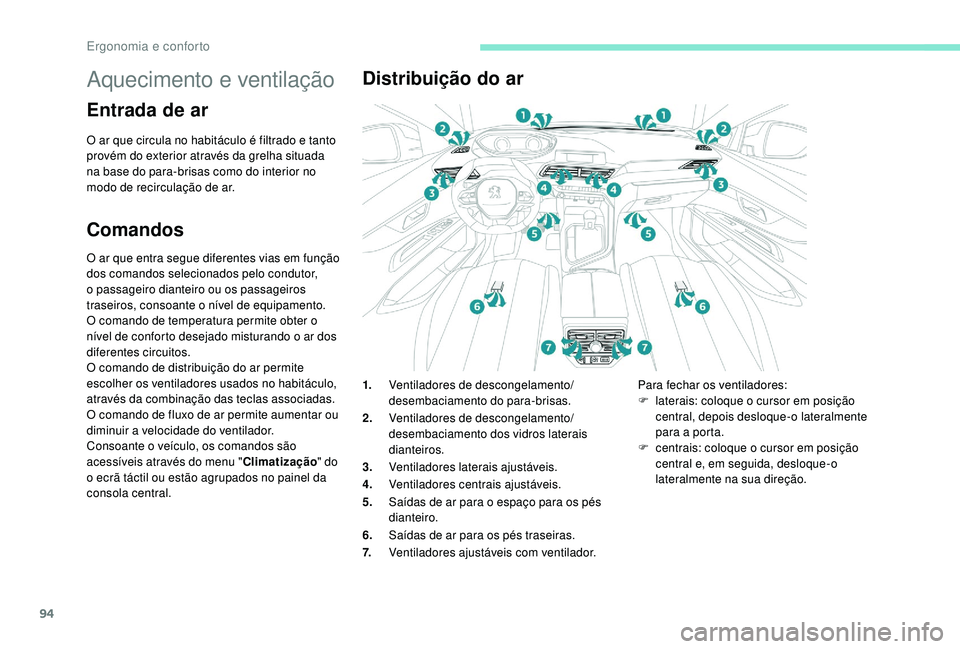 PEUGEOT 5008 2017  Manual de utilização (in Portuguese) 94
Aquecimento e ventilação
Entrada de ar
O ar que circula no habitáculo é filtrado e tanto 
provém do exterior através da grelha situada 
na base do para-brisas como do interior no 
modo de rec