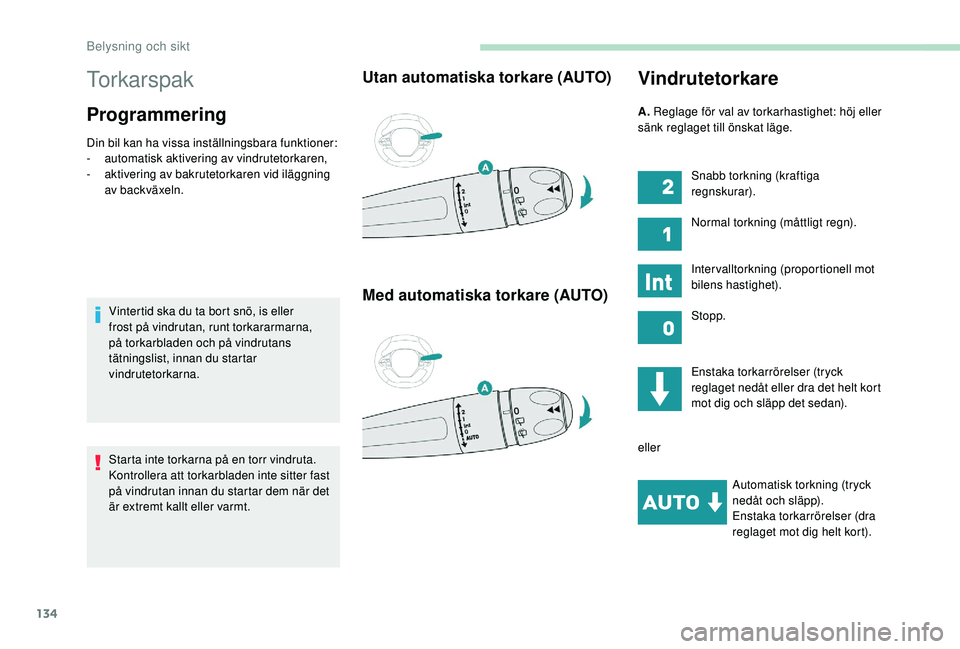 PEUGEOT 5008 2017 Bruksanvisningar (in Swedish) 134
Torkarspak
Programmering
Din bil kan ha vissa inställningsbara funktioner:
- automatisk aktivering av vindrutetorkaren,
-
a
ktivering av bakrutetorkaren vid iläggning
av backväxeln.
Vintert PEUGEOT 5008 2017 Bruksanvisningar (in Swedish) 134
Torkarspak
Programmering
Din bil kan ha vissa inställningsbara funktioner:
- automatisk aktivering av vindrutetorkaren,
-
a
ktivering av bakrutetorkaren vid iläggning
av backväxeln.
Vintert