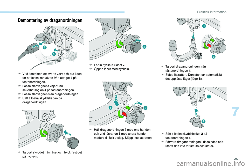PEUGEOT 5008 2017 Bruksanvisningar (in Swedish) 251
Demontering av draganordningen
F Vrid kontakten ett kvarts var v och dra i den för att lossa kontakten från uttaget 3 på
fästanordningen.
F
L
ossa släpvagnens vajer från
säkerhetsögla PEUGEOT 5008 2017 Bruksanvisningar (in Swedish) 251
Demontering av draganordningen
F Vrid kontakten ett kvarts var v och dra i den för att lossa kontakten från uttaget 3 på
fästanordningen.
F
L
ossa släpvagnens vajer från
säkerhetsögla