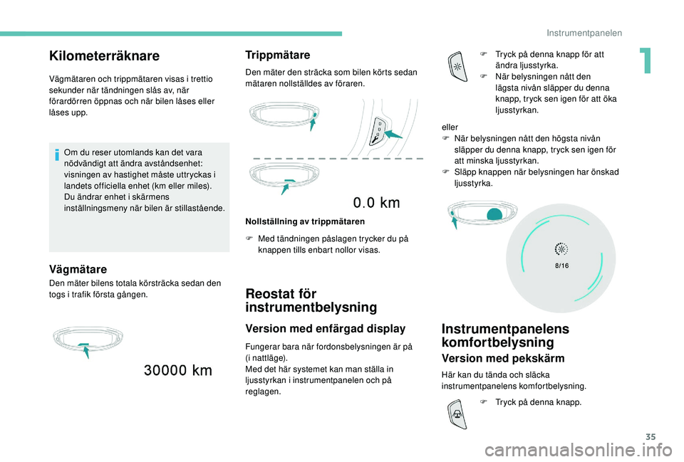 PEUGEOT 5008 2017 Bruksanvisningar (in Swedish) 35
Kilometerräknare
Vägmätaren och trippmätaren visas i trettio
sekunder när tändningen slås av, när
förardörren öppnas och när bilen låses eller
låses upp.Om du reser utomlands kan d PEUGEOT 5008 2017 Bruksanvisningar (in Swedish) 35
Kilometerräknare
Vägmätaren och trippmätaren visas i trettio
sekunder när tändningen slås av, när
förardörren öppnas och när bilen låses eller
låses upp.Om du reser utomlands kan d