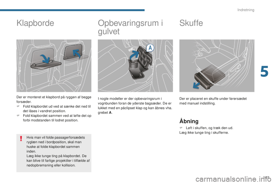 PEUGEOT 5008 2016 Brugsanvisning (in Danish) 103
5008_da_Chap05_amenagements_ed01-2015
Opbevaringsrum i
gulvet
I nogle modeller er der opbevaringsrum i
vognbunden foran de yderste bagsæder. De er
lukket med en påclipset klap og kan åbnes v PEUGEOT 5008 2016 Brugsanvisning (in Danish) 103
5008_da_Chap05_amenagements_ed01-2015
Opbevaringsrum i
gulvet
I nogle modeller er der opbevaringsrum i
vognbunden foran de yderste bagsæder. De er
lukket med en påclipset klap og kan åbnes v