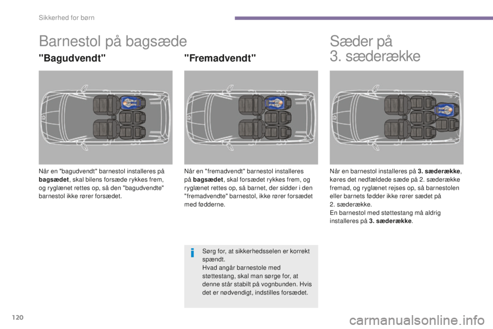 PEUGEOT 5008 2016  Brugsanvisning (in Danish) 120
5008_da_Chap06_securite-enfants_ed01-2015
Barnestol på bagsæde
"Bagudvendt"
Når en "bagudvendt" barnestol installeres på 
bagsædet, skal bilens forsæde rykkes frem, 
og rygl