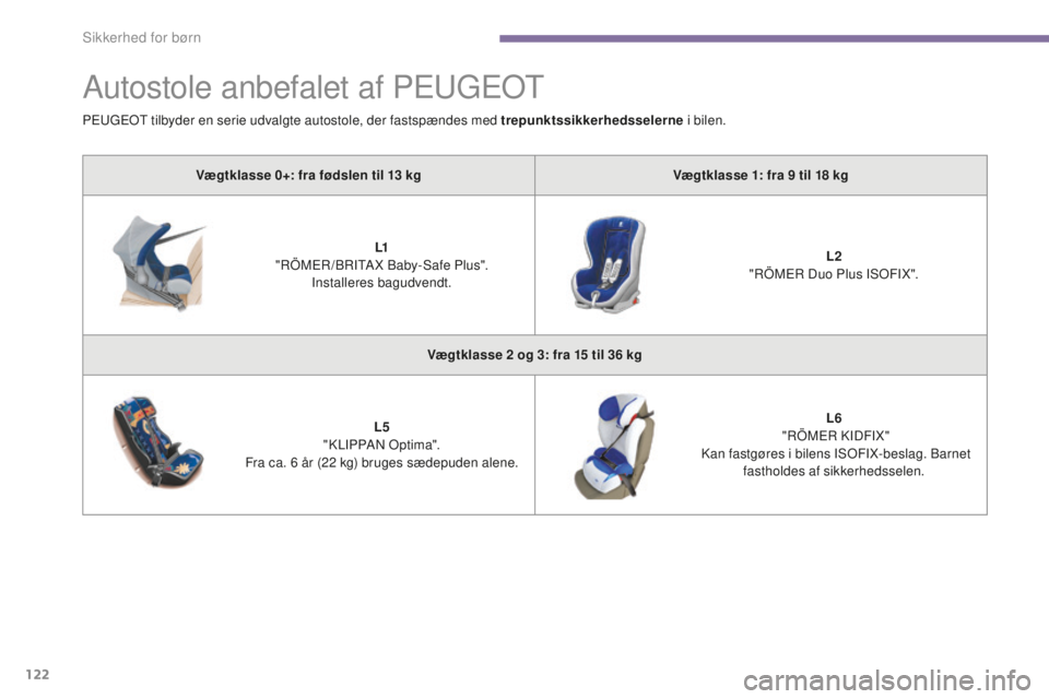 PEUGEOT 5008 2016  Brugsanvisning (in Danish) 122
5008_da_Chap06_securite-enfants_ed01-2015
Autostole anbefalet af PEUGEOT
Vægtklasse 0+: fra fødslen til 13 kgV ægtklasse 1: fra 9   til 18   kg
L1
 "

RÖMER /BRITA X Baby-Safe Plus". I