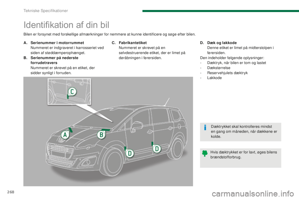 PEUGEOT 5008 2016 Brugsanvisning (in Danish) 268
5008_da_Chap11_caracteristiques_ed01-2015
Identifikation af din bil
A. Serienummer i motorrummet N
ummeret er indgraveret i karrosseriet ved
siden af støddæmperophænget.
B.
S
erienummer på PEUGEOT 5008 2016 Brugsanvisning (in Danish) 268
5008_da_Chap11_caracteristiques_ed01-2015
Identifikation af din bil
A. Serienummer i motorrummet N
ummeret er indgraveret i karrosseriet ved
siden af støddæmperophænget.
B.
S
erienummer på