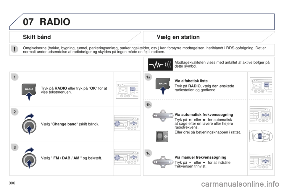 PEUGEOT 5008 2016  Brugsanvisning (in Danish) 07
306
5008_da_Chap12b_RT6-2-8_ed01-2015
Via alfabetisk liste
Tryk på RADIO, vælg den ønskede 
radiostation og godkend.
Via automatisk frekvenssøgning
Tryk på 7 eller 8 for automatisk 
at søge