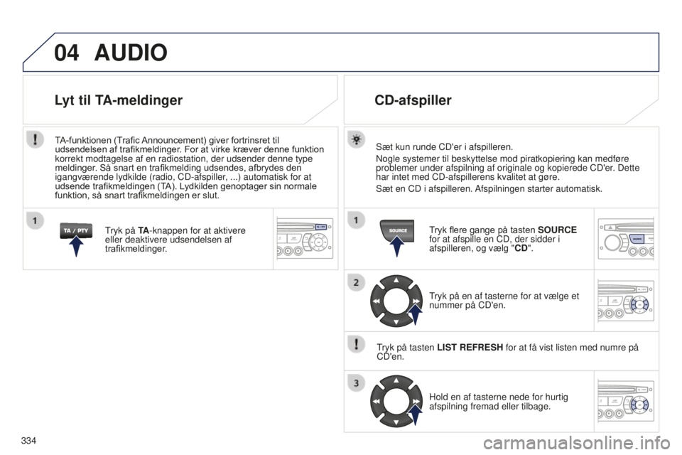 PEUGEOT 5008 2016  Brugsanvisning (in Danish) 04
334
5008_DA_CHAP12C_RD45_ED01_2015
AUDIO
Sæt kun runde CD'er i afspilleren.
Nogle systemer til beskyttelse mod piratkopiering kan medføre 
problemer under afspilning af originale og kopierede