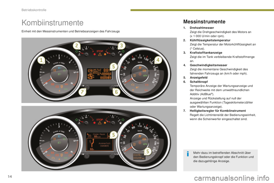 PEUGEOT 5008 2016 Betriebsanleitungen (in German) 14
5008_de_Chap01_controle-marche_ed01-2015
Kombiinstrumente
einheit mit den Messinstrumenten und Betriebsanzeigen des Fahrzeugs
Messinstrumente
1. Drehzahlmesser Z
eigt die Drehgeschwindigkeit des M PEUGEOT 5008 2016 Betriebsanleitungen (in German) 14
5008_de_Chap01_controle-marche_ed01-2015
Kombiinstrumente
einheit mit den Messinstrumenten und Betriebsanzeigen des Fahrzeugs
Messinstrumente
1. Drehzahlmesser Z
eigt die Drehgeschwindigkeit des M