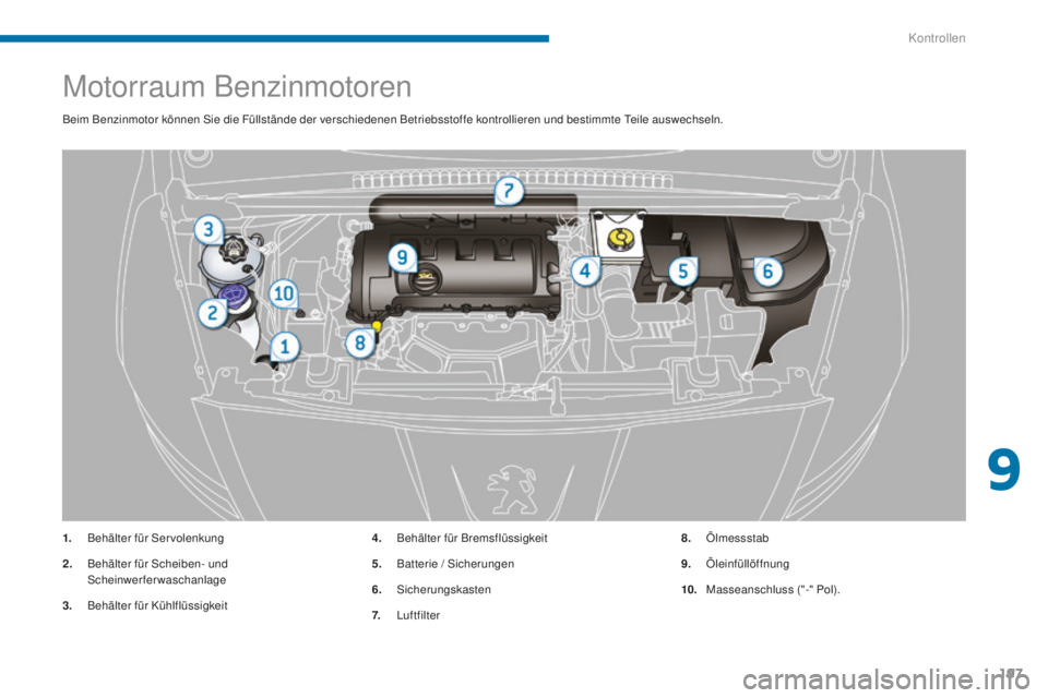 PEUGEOT 5008 2016 Betriebsanleitungen (in German) 197
5008_de_Chap09_verifications_ed01-2015
Motorraum Benzinmotoren
Beim Benzinmotor können Sie die Füllstände der verschiedenen Betriebsstoffe kontrollieren und bestimmte teile auswechseln.
1.
B
PEUGEOT 5008 2016 Betriebsanleitungen (in German) 197
5008_de_Chap09_verifications_ed01-2015
Motorraum Benzinmotoren
Beim Benzinmotor können Sie die Füllstände der verschiedenen Betriebsstoffe kontrollieren und bestimmte teile auswechseln.
1.
B