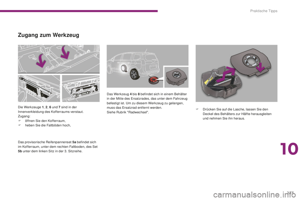 PEUGEOT 5008 2016  Betriebsanleitungen (in German) 213
5008_de_Chap10_infos-pratiques_ed01-2015
Die Werkzeuge 1, 2, 6   und 7   sind in der 
Innenverkleidung des Kofferraums verstaut.
Zugang:
F
 
ö
 ffnen Sie den Kofferraum,
F
 
h
 eben Sie die Faltb