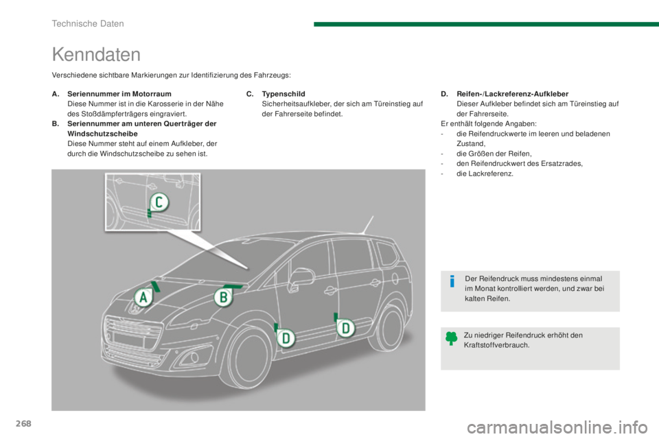PEUGEOT 5008 2016 Betriebsanleitungen (in German) 268
5008_de_Chap11_caracteristiques_ed01-2015
Kenndaten
A. Seriennummer im Motorraum D
iese Nummer ist in die Karosserie in der Nähe
des Stoßdämpferträgers eingraviert.
B.
S
eriennummer am unt PEUGEOT 5008 2016 Betriebsanleitungen (in German) 268
5008_de_Chap11_caracteristiques_ed01-2015
Kenndaten
A. Seriennummer im Motorraum D
iese Nummer ist in die Karosserie in der Nähe
des Stoßdämpferträgers eingraviert.
B.
S
eriennummer am unt