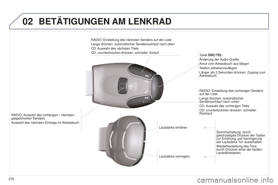 PEUGEOT 5008 2016 Betriebsanleitungen (in German) 02
276
5008_de_Chap12b_Rt6-2-8_ed01-2015
RADIO: Auswahl des vorherigen / nächsten
gespeicherten Senders
Auswahl des nächsten
e intrags im Adressbuch
taste
SRC/TEL:
Änderung der Audio-Quelle
An PEUGEOT 5008 2016 Betriebsanleitungen (in German) 02
276
5008_de_Chap12b_Rt6-2-8_ed01-2015
RADIO: Auswahl des vorherigen / nächsten
gespeicherten Senders
Auswahl des nächsten
e intrags im Adressbuch
taste
SRC/TEL:
Änderung der Audio-Quelle
An
