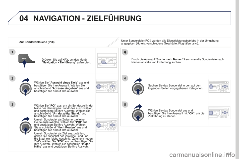 PEUGEOT 5008 2016 Betriebsanleitungen (in German) 04
283
5008_de_Chap12b_Rt6-2-8_ed01-2015
Zur Sonderzielsuche (POI)u nter Sonderziele (POI) werden alle Dienstleistungsbetriebe in der u mgebung
angegeben (Hotels, verschiedene g eschäfte, Flughäf PEUGEOT 5008 2016 Betriebsanleitungen (in German) 04
283
5008_de_Chap12b_Rt6-2-8_ed01-2015
Zur Sonderzielsuche (POI)u nter Sonderziele (POI) werden alle Dienstleistungsbetriebe in der u mgebung
angegeben (Hotels, verschiedene g eschäfte, Flughäf