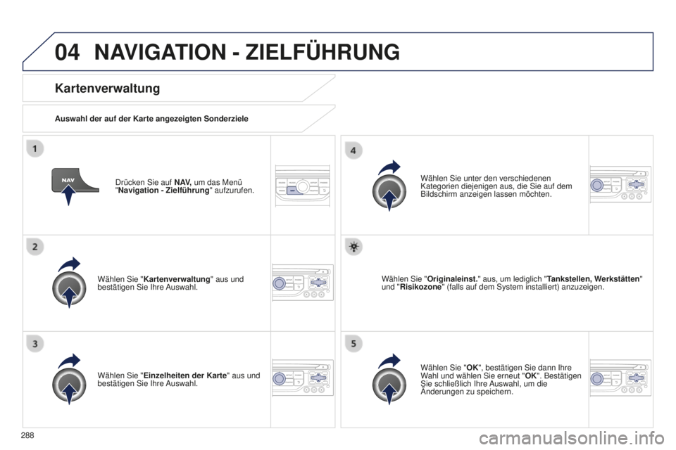 PEUGEOT 5008 2016 Betriebsanleitungen (in German) 04
288
5008_de_Chap12b_Rt6-2-8_ed01-2015
Drücken Sie auf N AV, um das Menü
"Navigation - Zielführung " aufzurufen.
Kartenverwaltung
Auswahl der auf der Karte angezeigten Sonderziele
Wähl PEUGEOT 5008 2016 Betriebsanleitungen (in German) 04
288
5008_de_Chap12b_Rt6-2-8_ed01-2015
Drücken Sie auf N AV, um das Menü
"Navigation - Zielführung " aufzurufen.
Kartenverwaltung
Auswahl der auf der Karte angezeigten Sonderziele
Wähl