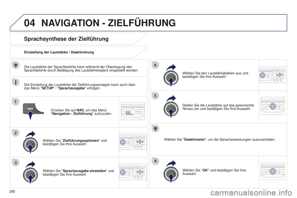 PEUGEOT 5008 2016 Betriebsanleitungen (in German) 04
290
5008_de_Chap12b_Rt6-2-8_ed01-2015
Drücken Sie auf N AV, um das Menü
"Navigation - Zielführung " aufzurufen.
Sprachsynthese der Zielführung
Wählen Sie "Zielführungsoptionen & PEUGEOT 5008 2016 Betriebsanleitungen (in German) 04
290
5008_de_Chap12b_Rt6-2-8_ed01-2015
Drücken Sie auf N AV, um das Menü
"Navigation - Zielführung " aufzurufen.
Sprachsynthese der Zielführung
Wählen Sie "Zielführungsoptionen &