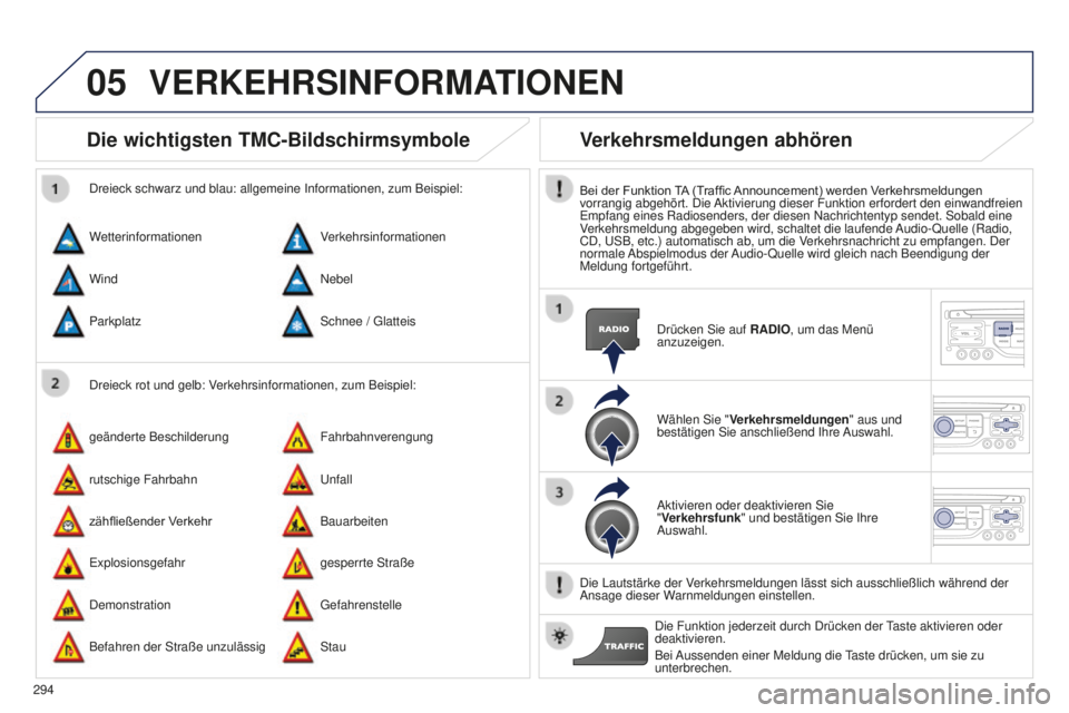 PEUGEOT 5008 2016 Betriebsanleitungen (in German) 05
294
5008_de_Chap12b_Rt6-2-8_ed01-2015
Die wichtigsten TMC-Bildschirmsymbole
Dreieck rot und gelb: Verkehrsinformationen, zum Beispiel:
Dreieck schwarz und blau: allgemeine Informationen, zum Beispi PEUGEOT 5008 2016 Betriebsanleitungen (in German) 05
294
5008_de_Chap12b_Rt6-2-8_ed01-2015
Die wichtigsten TMC-Bildschirmsymbole
Dreieck rot und gelb: Verkehrsinformationen, zum Beispiel:
Dreieck schwarz und blau: allgemeine Informationen, zum Beispi