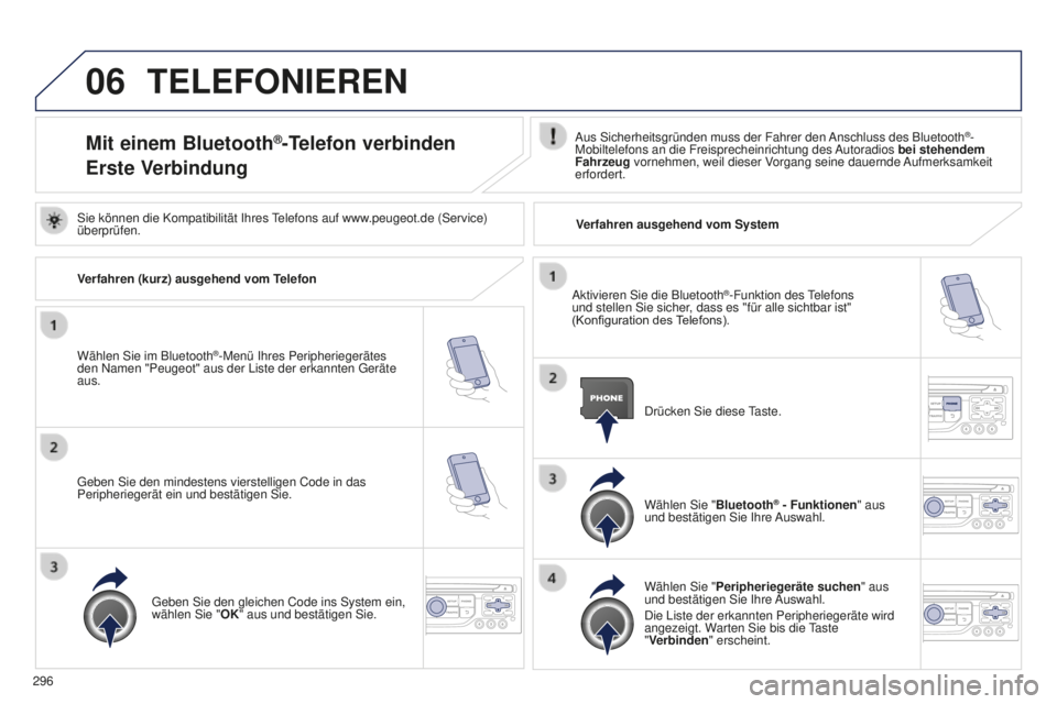 PEUGEOT 5008 2016 Betriebsanleitungen (in German) 06
296
5008_de_Chap12b_Rt6-2-8_ed01-2015
TELEFONIEREN
Mit einem Bluetooth®-Telefon verbinden
Erste VerbindungAus Sicherheitsgründen muss der Fahrer den Anschluss des Bluetooth®-
Mobiltelefons an di PEUGEOT 5008 2016 Betriebsanleitungen (in German) 06
296
5008_de_Chap12b_Rt6-2-8_ed01-2015
TELEFONIEREN
Mit einem Bluetooth®-Telefon verbinden
Erste VerbindungAus Sicherheitsgründen muss der Fahrer den Anschluss des Bluetooth®-
Mobiltelefons an di