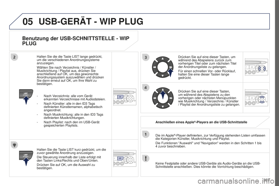PEUGEOT 5008 2016 Betriebsanleitungen (in German) 05
337
5008_DE_CHAP12C_RD45_ED01_2015
Benutzung der USB-SCHNITTSTELLE - WIP
PLUG
Halten Sie die taste LISt kurz gedrückt, um die
zuvor gewählte Anordnung anzuzeigen.
Die Steuerung innerhalb der L PEUGEOT 5008 2016 Betriebsanleitungen (in German) 05
337
5008_DE_CHAP12C_RD45_ED01_2015
Benutzung der USB-SCHNITTSTELLE - WIP
PLUG
Halten Sie die taste LISt kurz gedrückt, um die
zuvor gewählte Anordnung anzuzeigen.
Die Steuerung innerhalb der L