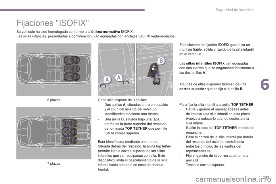 PEUGEOT 5008 2016  Manual del propietario (in Spanish) 127
5008_es_Chap06_securite-enfants_ed01-2015
Fijaciones "ISOFIX"
Cada silla dispone de 3 anillas:
-  D os anillas A , situadas entre el respaldo 
y el cojín del asiento del vehículo, 
ident