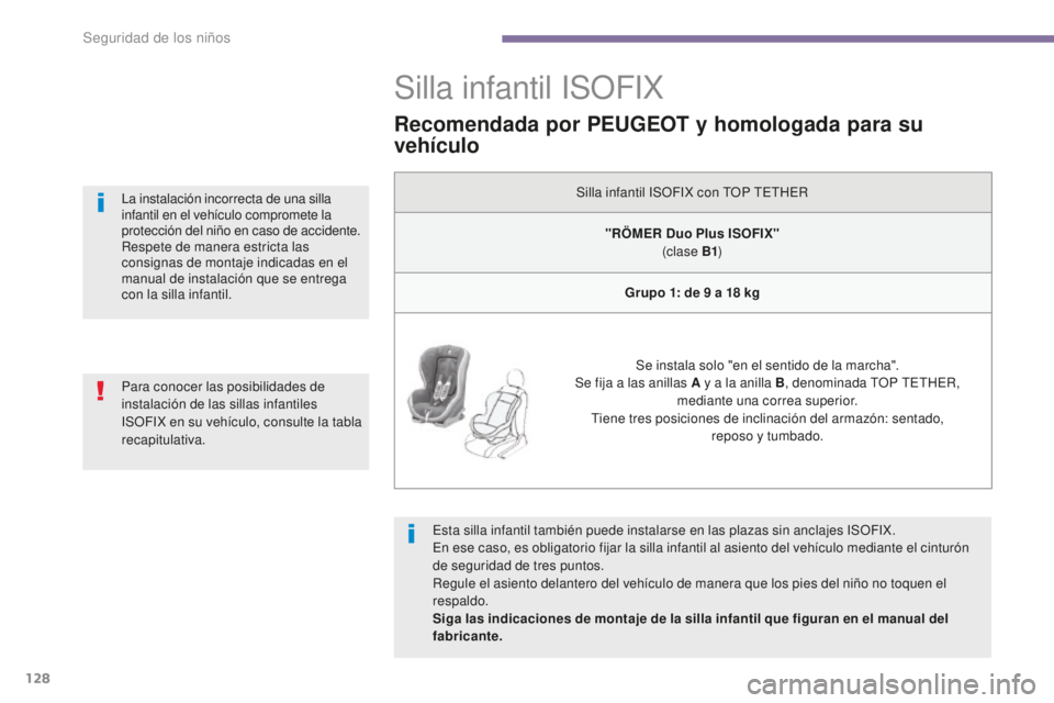 PEUGEOT 5008 2016  Manual del propietario (in Spanish) 128
5008_es_Chap06_securite-enfants_ed01-2015
Silla infantil ISOFIX
Esta silla infantil también puede instalarse en las plazas sin anclajes ISOFIX.
En ese caso, es obligatorio fijar la silla infantil