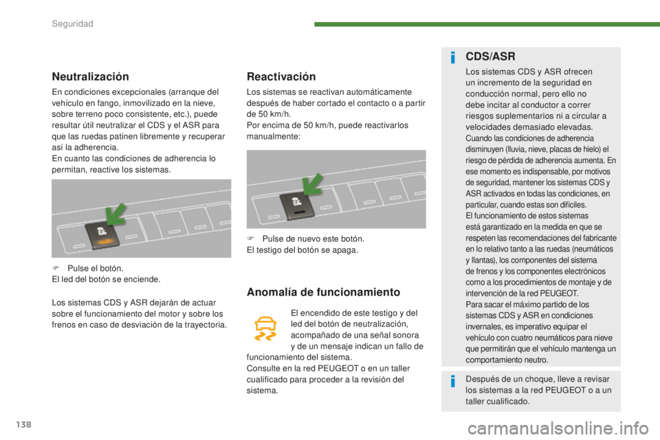 PEUGEOT 5008 2016 Manual del propietario (in Spanish) 138
5008_es_Chap07_securite_ed01-2015
Neutralización
En condiciones excepcionales (arranque del
vehículo en fango, inmovilizado en la nieve,
sobre terreno poco consistente, etc.), puede
resultar PEUGEOT 5008 2016 Manual del propietario (in Spanish) 138
5008_es_Chap07_securite_ed01-2015
Neutralización
En condiciones excepcionales (arranque del
vehículo en fango, inmovilizado en la nieve,
sobre terreno poco consistente, etc.), puede
resultar