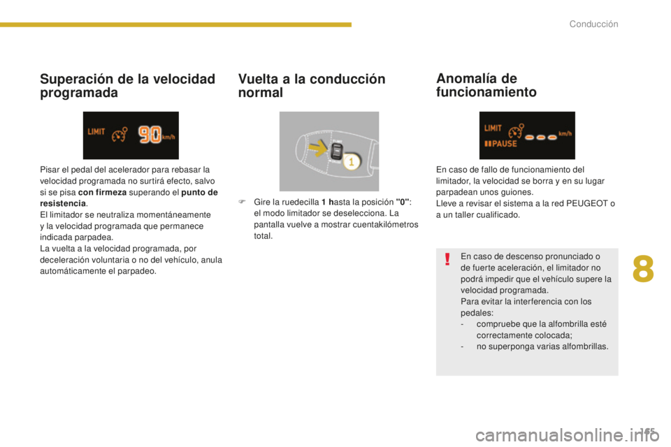 PEUGEOT 5008 2016  Manual del propietario (in Spanish) 165
5008_es_Chap08_conduite_ed01-2015
Superación de la velocidad 
programadaVuelta a la conducción 
normalAnomalía de 
funcionamiento
En caso de descenso pronunciado o 
de fuerte aceleración, el l