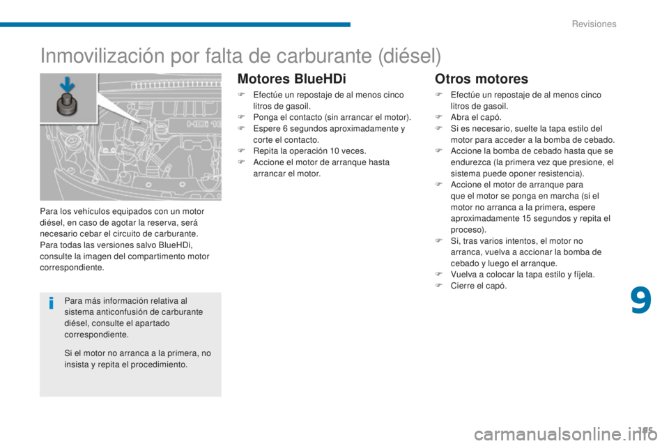 PEUGEOT 5008 2016 Manual del propietario (in Spanish) 195
5008_es_Chap09_verifications_ed01-2015
Inmovilización por falta de carburante (diésel)
Otros motores
F Efectúe un repostaje de al menos cinco litros de gasoil.
F
A
bra el capó.
F
S
i es PEUGEOT 5008 2016 Manual del propietario (in Spanish) 195
5008_es_Chap09_verifications_ed01-2015
Inmovilización por falta de carburante (diésel)
Otros motores
F Efectúe un repostaje de al menos cinco litros de gasoil.
F
A
bra el capó.
F
S
i es