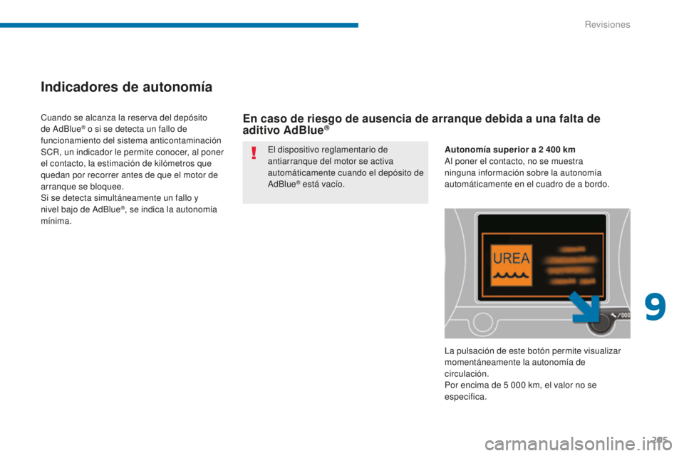 PEUGEOT 5008 2016 Manual del propietario (in Spanish) 205
5008_es_Chap09_verifications_ed01-2015
Indicadores de autonomía
El dispositivo reglamentario de
antiarranque del motor se activa
automáticamente cuando el depósito de
AdBlue
® está vacío. PEUGEOT 5008 2016 Manual del propietario (in Spanish) 205
5008_es_Chap09_verifications_ed01-2015
Indicadores de autonomía
El dispositivo reglamentario de
antiarranque del motor se activa
automáticamente cuando el depósito de
AdBlue
® está vacío.