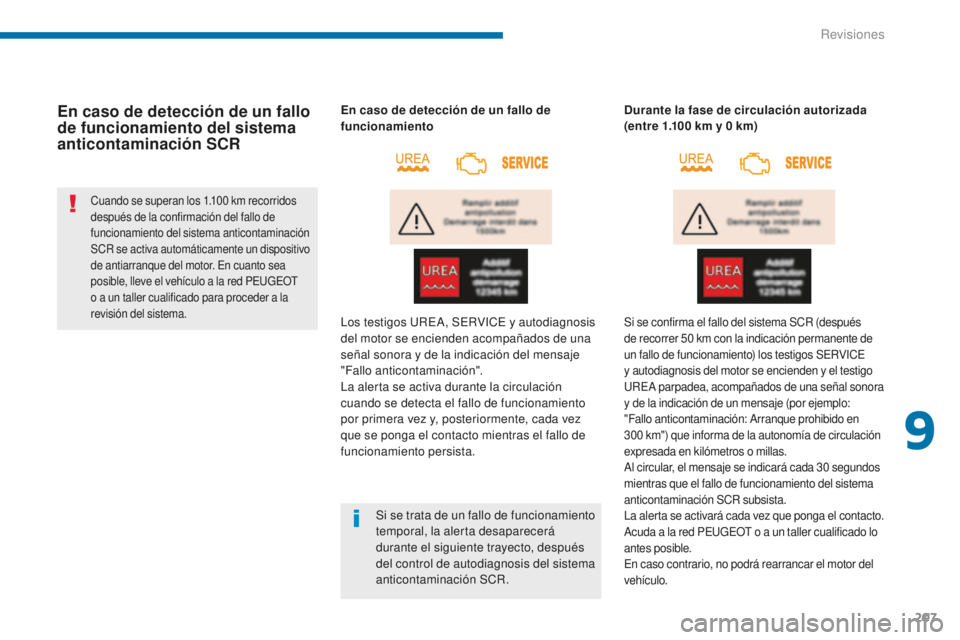 PEUGEOT 5008 2016 Manual del propietario (in Spanish) 207
5008_es_Chap09_verifications_ed01-2015
En caso de detección de un fallo
de funcionamiento del sistema
anticontaminación SCR
Cuando se superan los 1.100 km recorridos
d espués de la confirmac PEUGEOT 5008 2016 Manual del propietario (in Spanish) 207
5008_es_Chap09_verifications_ed01-2015
En caso de detección de un fallo
de funcionamiento del sistema
anticontaminación SCR
Cuando se superan los 1.100 km recorridos
d espués de la confirmac