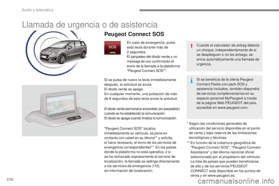 PEUGEOT 5008 2016 Manual del propietario (in Spanish) 270
5008_es_Chap12a_BTA _ed01-2015
Llamada de urgencia o de asistencia
Cuando el calculador de airbag detecta
un choque, independientemente de si
se desplieguen o no los airbags, se
envía automát PEUGEOT 5008 2016 Manual del propietario (in Spanish) 270
5008_es_Chap12a_BTA _ed01-2015
Llamada de urgencia o de asistencia
Cuando el calculador de airbag detecta
un choque, independientemente de si
se desplieguen o no los airbags, se
envía automát