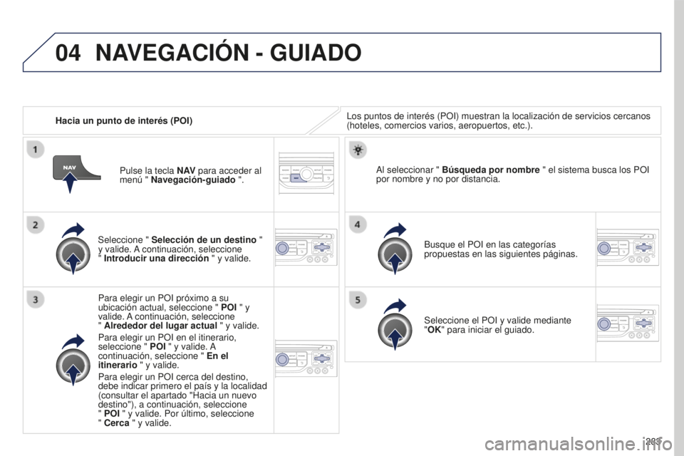 PEUGEOT 5008 2016 Manual del propietario (in Spanish) 04
283
5008_es_Chap12b_RT6-2-8_ed01-2015
Hacia un punto de interés (POI)Los puntos de interés (POI) muestran la localización de servicio\
s cercanos
(hoteles, comercios varios, aeropuertos, etc.). PEUGEOT 5008 2016 Manual del propietario (in Spanish) 04
283
5008_es_Chap12b_RT6-2-8_ed01-2015
Hacia un punto de interés (POI)Los puntos de interés (POI) muestran la localización de servicio\
s cercanos
(hoteles, comercios varios, aeropuertos, etc.).