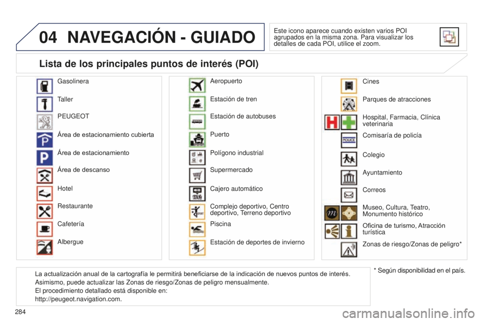 PEUGEOT 5008 2016 Manual del propietario (in Spanish) 04
284
5008_es_Chap12b_RT6-2-8_ed01-2015
NAVEGACIóN - GUIADO
Este icono aparece cuando existen varios POI
agrupados en la misma zona. Para visualizar los
detalles de cada POI, utilice el zoom.
Gaso PEUGEOT 5008 2016 Manual del propietario (in Spanish) 04
284
5008_es_Chap12b_RT6-2-8_ed01-2015
NAVEGACIóN - GUIADO
Este icono aparece cuando existen varios POI
agrupados en la misma zona. Para visualizar los
detalles de cada POI, utilice el zoom.
Gaso