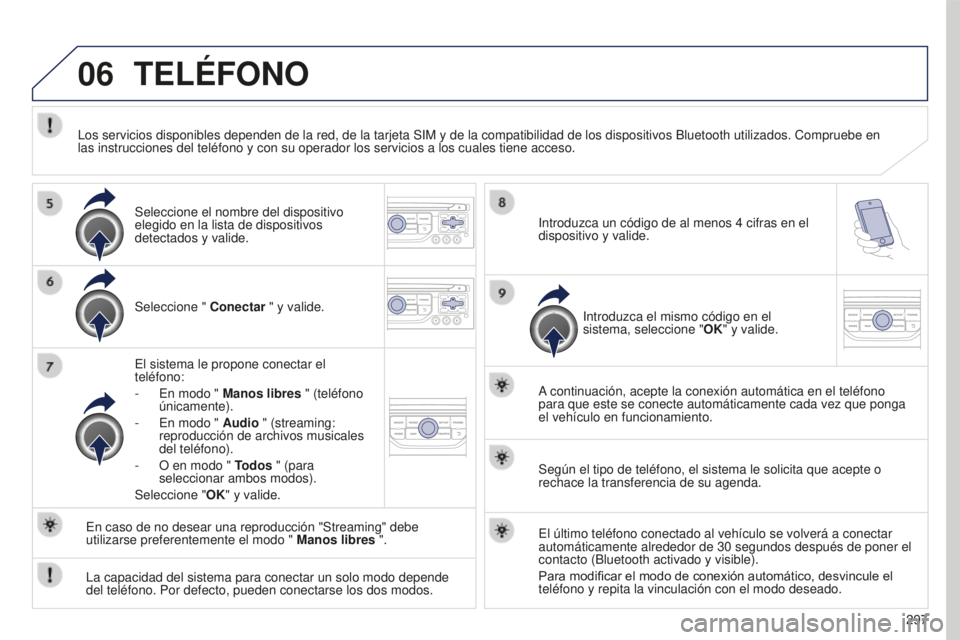 PEUGEOT 5008 2016  Manual del propietario (in Spanish) 06
297
5008_es_Chap12b_RT6-2-8_ed01-2015
TELÉFONO
Seleccione " Conectar " y valide.
El sistema le propone conectar el 
teléfono:
-
 
En modo " 
 Manos libres " (teléfono 
únicament