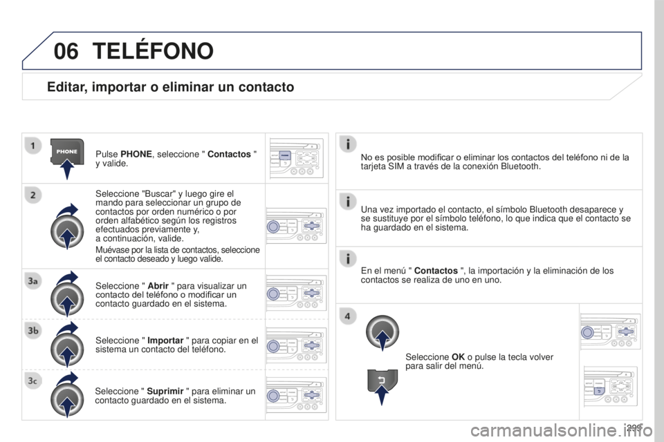 PEUGEOT 5008 2016  Manual del propietario (in Spanish) 06
299
5008_es_Chap12b_RT6-2-8_ed01-2015
Editar, importar o eliminar un contacto
Pulse PHONE, seleccione " Contactos " 
y valide.
Seleccione "Buscar" y luego gire el 
mando para selecc