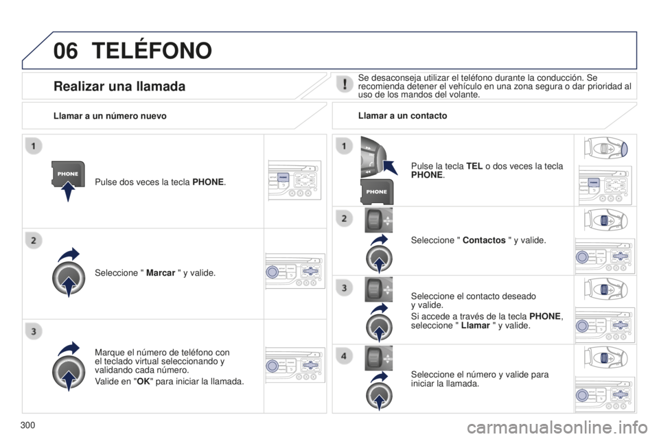 PEUGEOT 5008 2016  Manual del propietario (in Spanish) 06
300
5008_es_Chap12b_RT6-2-8_ed01-2015
TELÉFONO
Pulse dos veces la tecla PHONE.
Seleccione "  Marcar " y valide. Seleccione " 
Contactos " y valide.
Marque el número de teléfono c