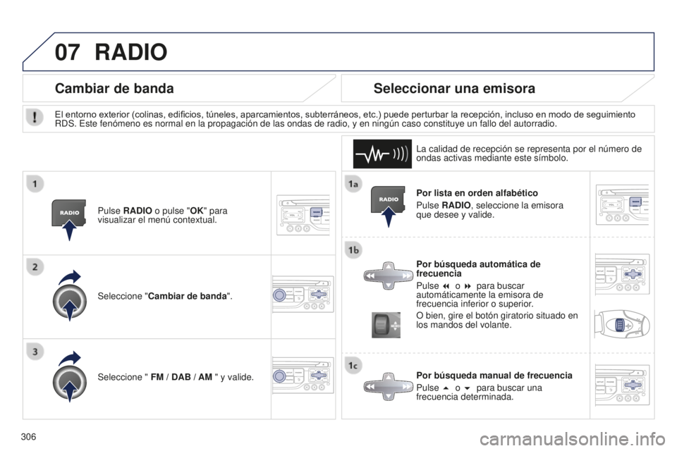 PEUGEOT 5008 2016  Manual del propietario (in Spanish) 07
306
5008_es_Chap12b_RT6-2-8_ed01-2015
Por lista en orden alfabético
Pulse RADIO, seleccione la emisora 
que desee y valide.
Por búsqueda automática de 
frecuencia
Pulse 7 o 8 para buscar 
auto