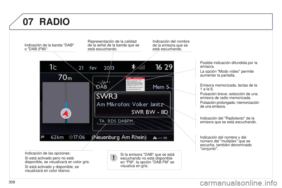 PEUGEOT 5008 2016  Manual del propietario (in Spanish) 07
308
5008_es_Chap12b_RT6-2-8_ed01-2015
RADIO
Indicación de las opciones:
Si está activado pero no está 
disponible, se visualizará en color gris.
Si está activado y disponible, se 
visualizará