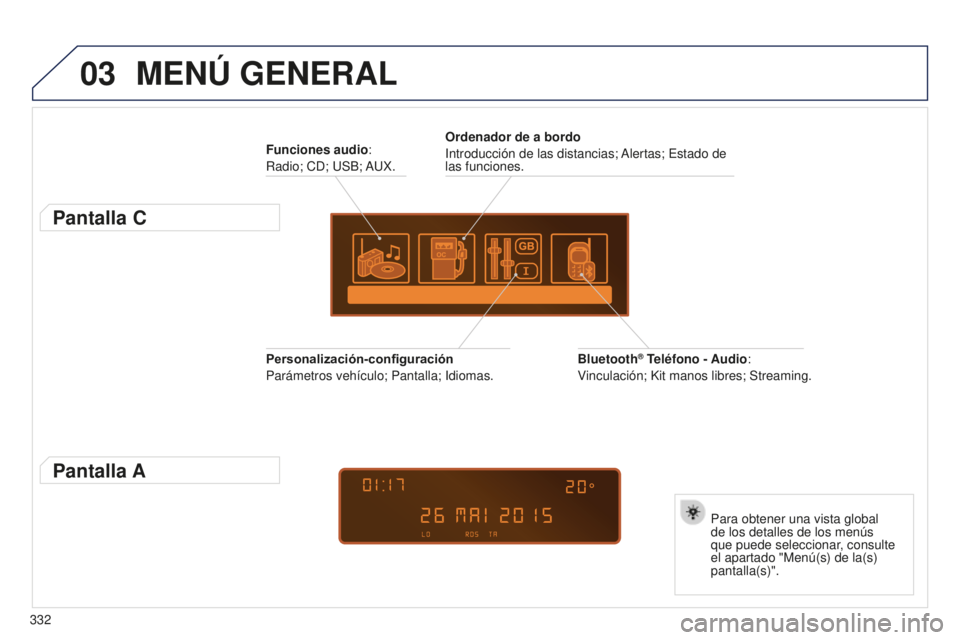 PEUGEOT 5008 2016  Manual del propietario (in Spanish) 03
332
5008_ES_CHAP12C_RD45_ED01_2015
MENÚ GENERAL
Funciones audio:
Radio; CD; USB; AUX.
Pantalla C
Para obtener una vista global 
de los detalles de los menús 
que puede seleccionar, consulte 
el a