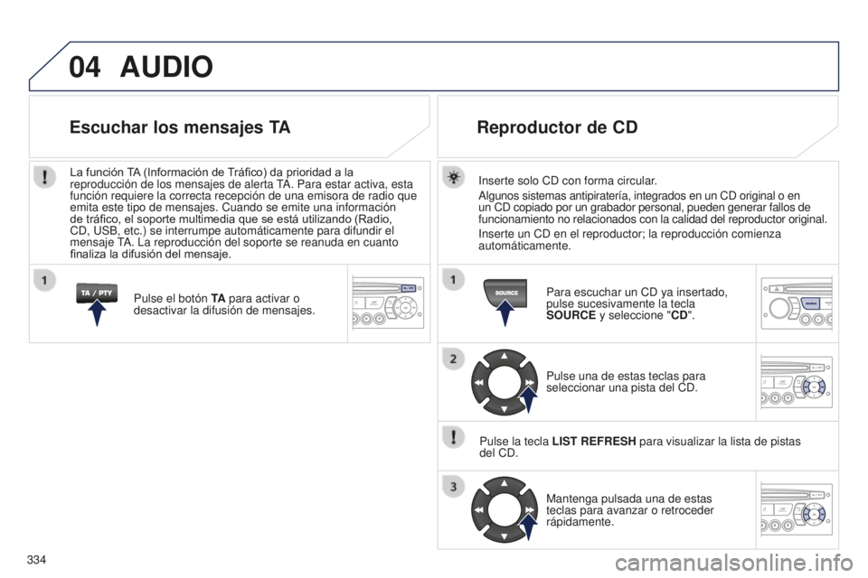 PEUGEOT 5008 2016  Manual del propietario (in Spanish) 04
334
5008_ES_CHAP12C_RD45_ED01_2015
AUDIO
Inserte solo CD con forma circular.
Algunos sistemas antipiratería, integrados en un CD original o en 
un CD copiado por un grabador personal, pueden gener