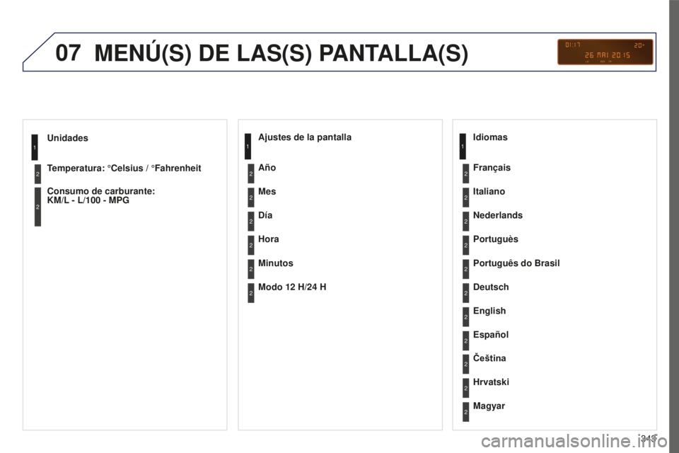 PEUGEOT 5008 2016  Manual del propietario (in Spanish) 07
343
5008_ES_CHAP12C_RD45_ED01_2015
Unidades
Temperatura: °Celsius / °Fahrenheit
Consumo de carburante:  
KM/L - L/100  - MPG1
2
2
MENÚ(S) DE LAS(S) PANTALLA(S)
Ajustes de la pantalla
Mes
Día
Ho