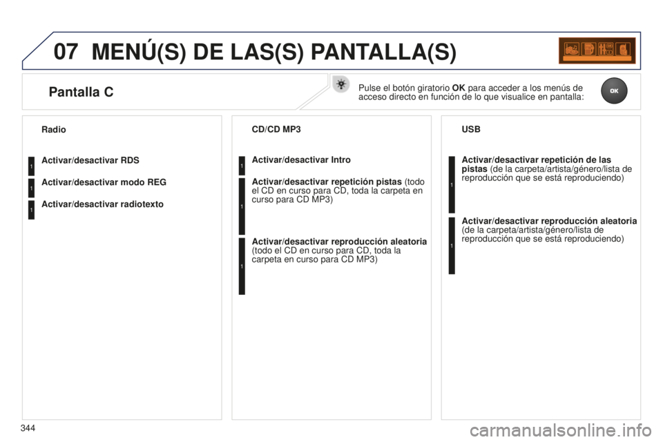 PEUGEOT 5008 2016  Manual del propietario (in Spanish) 07
344
5008_ES_CHAP12C_RD45_ED01_2015
MENÚ(S) DE LAS(S) PANTALLA(S)
Activar/desactivar RDS
Activar/desactivar modo REG
Activar/desactivar radiotexto RadioActivar/desactivar Intro CD/CD MP3
Activar/de