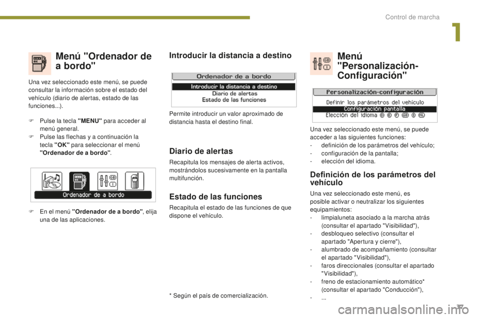 PEUGEOT 5008 2016 Manual del propietario (in Spanish) 37
5008_es_Chap01_controle-marche_ed01-2015
Menú "Ordenador de
a bordo"
Diario de alertas
Recapitula los mensajes de alerta activos,
mostrándolos sucesivamente en la pantalla
multifunció PEUGEOT 5008 2016 Manual del propietario (in Spanish) 37
5008_es_Chap01_controle-marche_ed01-2015
Menú "Ordenador de
a bordo"
Diario de alertas
Recapitula los mensajes de alerta activos,
mostrándolos sucesivamente en la pantalla
multifunció