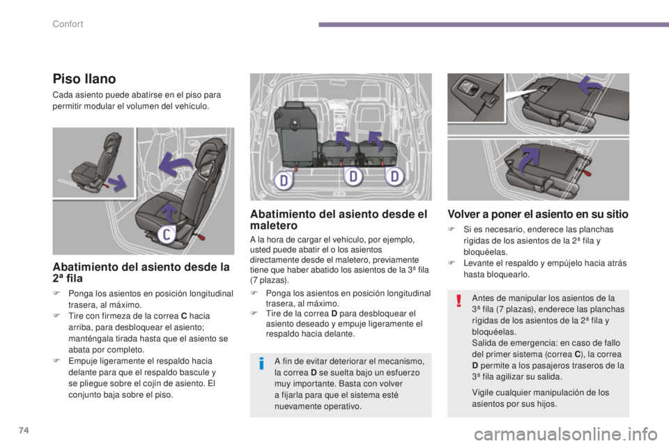 PEUGEOT 5008 2016  Manual del propietario (in Spanish) 74
5008_es_Chap03_confort_ed01-2015
Piso llano
Cada asiento puede abatirse en el piso para 
permitir modular el volumen del vehículo.
Abatimiento del asiento desde la 
2ª  fila
F Ponga los asientos 