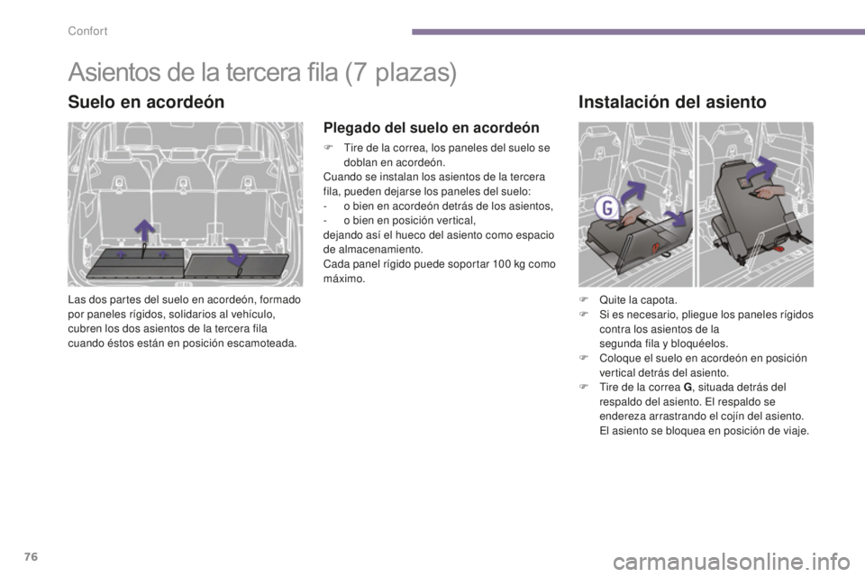 PEUGEOT 5008 2016  Manual del propietario (in Spanish) 76
5008_es_Chap03_confort_ed01-2015
Asientos de la tercera fila (7 plazas)
Suelo en acordeón
Las dos partes del suelo en acordeón, formado 
por paneles rígidos, solidarios al vehículo, 
cubren los
