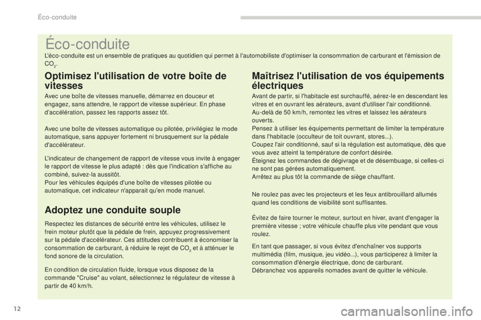 PEUGEOT 5008 2016 Manuel du propriétaire (in French) 12
Éco-conduite
L'éco-conduite est un ensemble de pratiques au quotidien qui permet à l'automobiliste d'optimiser la consommation de carburant et l'émission de
CO
2.
Optimisez l PEUGEOT 5008 2016 Manuel du propriétaire (in French) 12
Éco-conduite
L'éco-conduite est un ensemble de pratiques au quotidien qui permet à l'automobiliste d'optimiser la consommation de carburant et l'émission de
CO
2.
Optimisez l